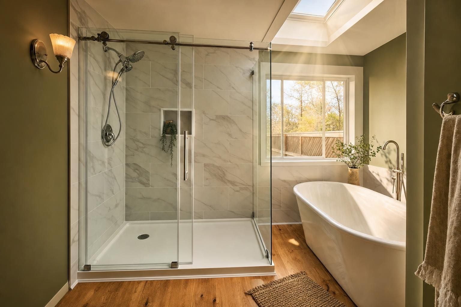 Renovated bathroom with a walk-in glass shower and freestanding soaking tub, a recent Higdon Renovations project
